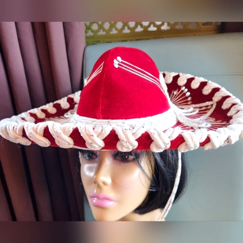 PIGALLE Sombrero RED VELVET Silver Cream Ornate Embroidery Cinco de Mayo HAT 16" - Picture 2 of 7